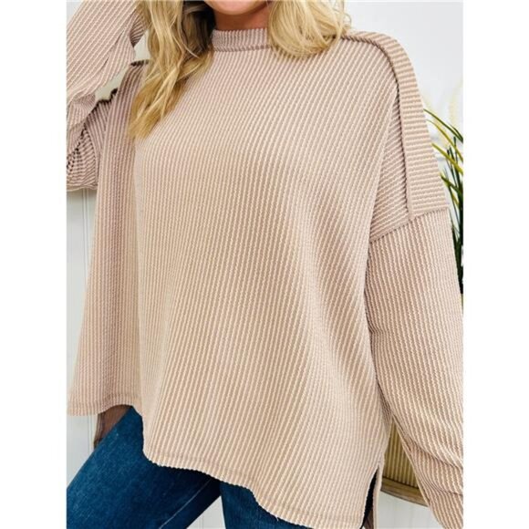 Twist Ribbed Exposed Seam Detail Long Sleeve Loose Top - Picture 6 of 7